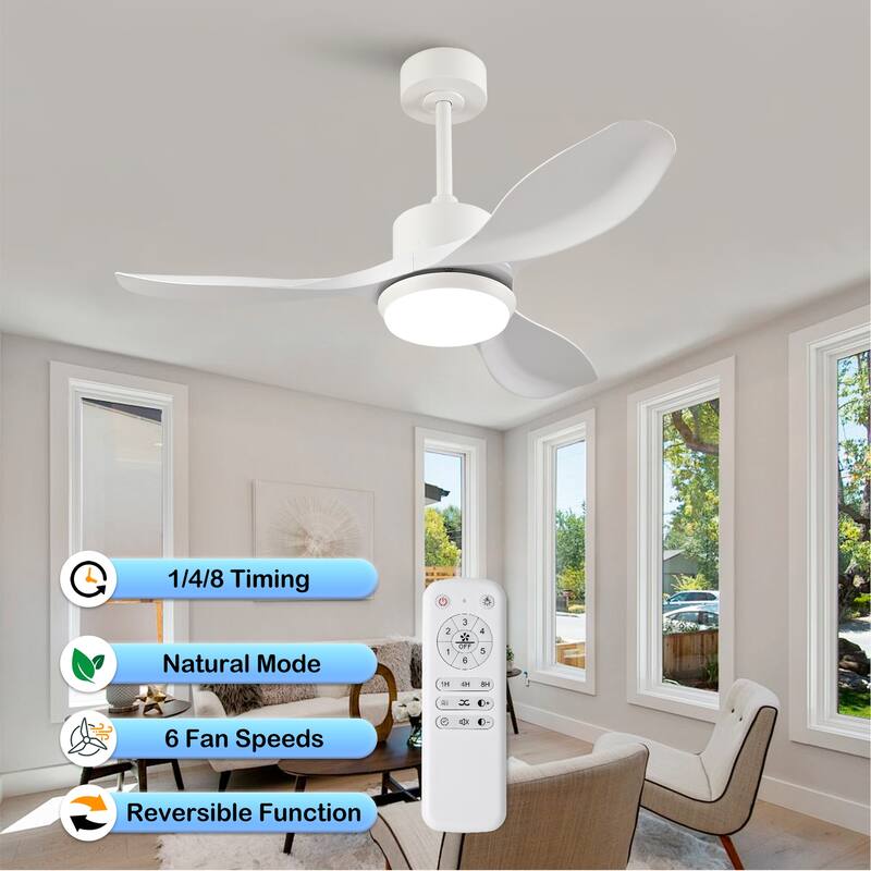 42-Inch Modern White Ceiling Fan With Light, Featuring 3 ABS Plastic Blades, Remote Control Operation - White Marble