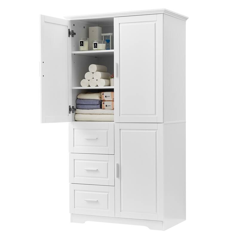 Roomfitters Tall & Wide Bathroom Storage Cabinet, Modern MDF Linen Tower with 3 Drawers & Adjustable Shelves