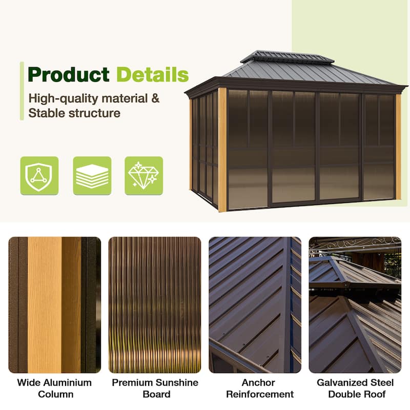 Erommy Outdoor Solarium Sunroom, Patio Hardtop Gazebo, Aluminum Frame Permanent Gazebo with Sliding Doors and Screens