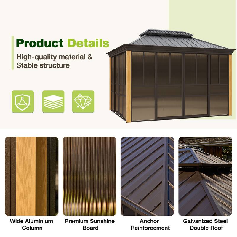 Outdoor Hardtop Sunroom Gazebo with Double Roof & Sliding Doors, All-Season Aluminum Outdoor Pergola, PE Screens&Lockable Design
