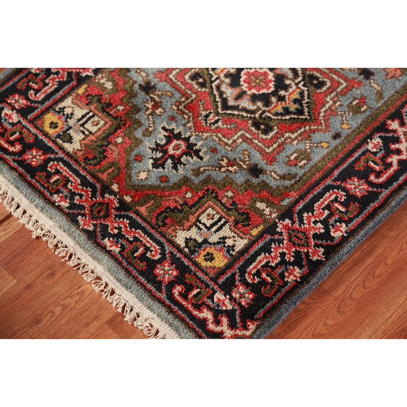 Hand Knotted Oriental 100% Wool Carpet Traditional Geometric Navy Blue & Blues Heriz (serapi) Runner Rug - 7' 11'' X 2' 7''