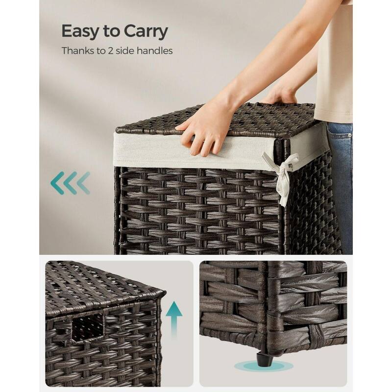 Portable Wicker Basket with Lid Waterproof Foldable Laundry Hamper with Washable Liner and Cut-Out Handles