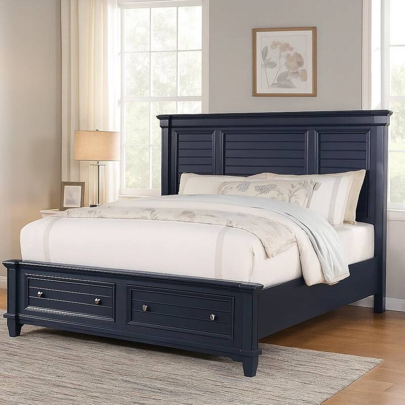 Zeny Queen Bed with Storage Drawers, Panel Headboard, Blue Wood