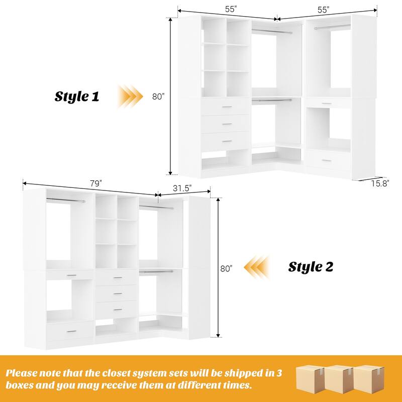 Qvella Corner Closet System with 4 Wooden Drawers & Hanging Rods & Pants Rack, Walk-in Closet Organizer System with Shoe Storage