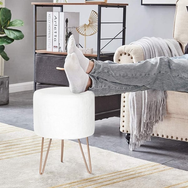 Adeco Round Velvet Vanity Footrest Ottoman Gold Metal Legs Footstool