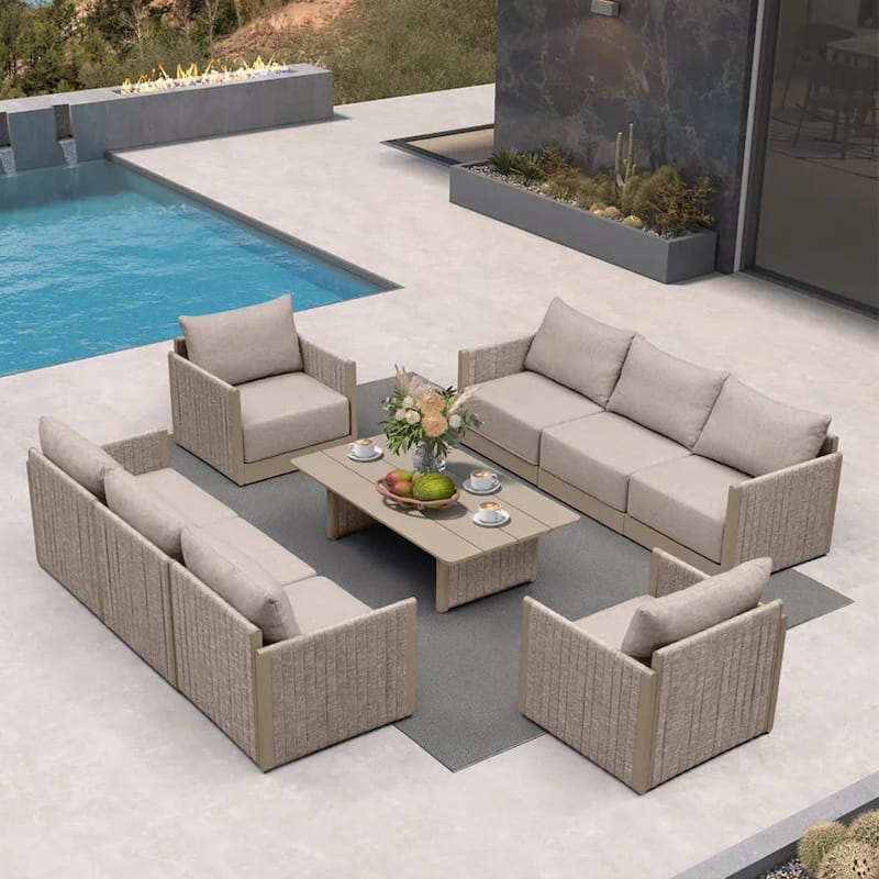 PURPLE LEAF Santori 9 Piece Khaki Sectional Sofa with Ottoman and Cushion for Poolside Garden Outdoor Patio Conversation Set - 8Piece+1Table