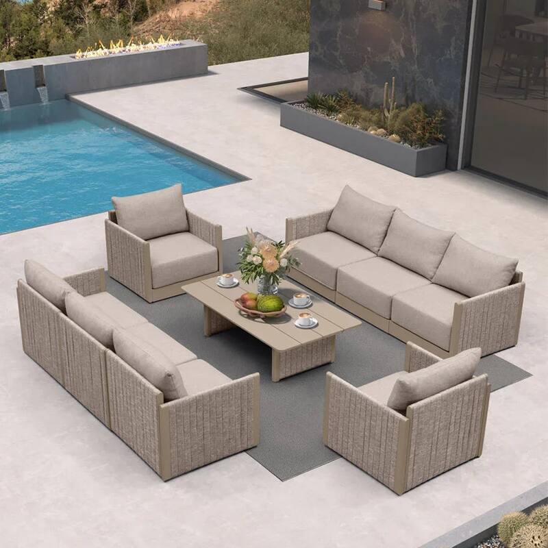 PURPLE LEAF Santorini 4-13 Piece Khaki Sofa with Ottoman and Cushion for Poolside Garden Couch Outdoor Patio Conversation Sets - 8-Piece+1-Table - Classical