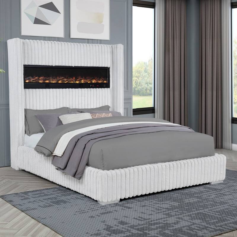 Best Master Furniture Noemie Luxe Modern Upholstered Velvet Panel Bed with Integrated Fireplace Display