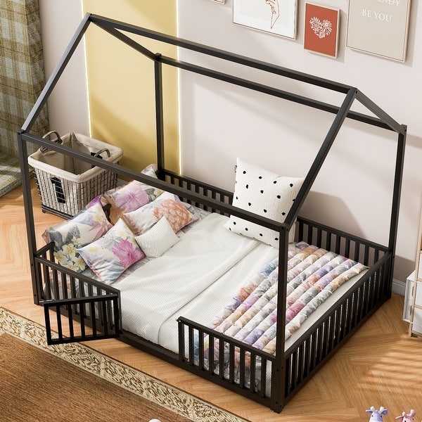 slide 2 of 8, Full Size Metal House Bed with Fence and Door, Black Black - Full