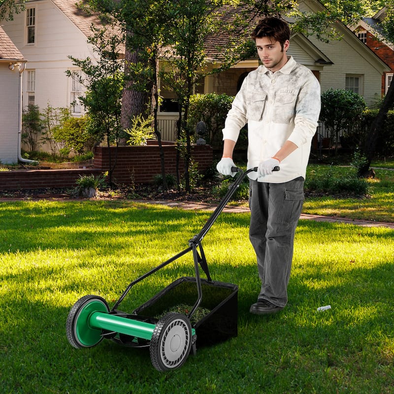 Gymax 14'' Manual Reel Mower w/ 5-Blade 6.6 Gallon Removable Grass