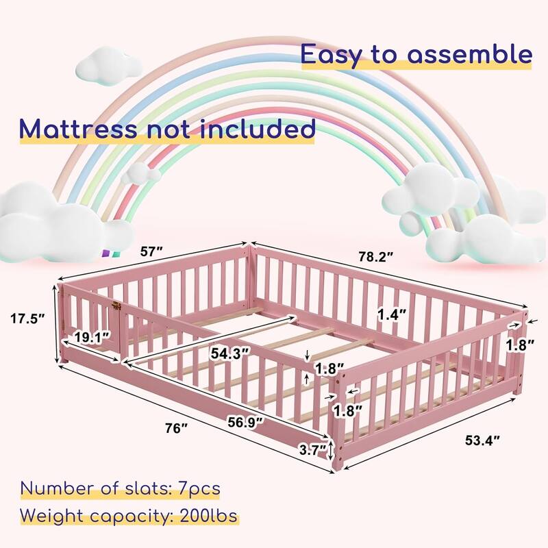 Twin/Full/Queen Size Floor Bed with Safety Guardrails, Toddler Floor Bed for Girls and Boys