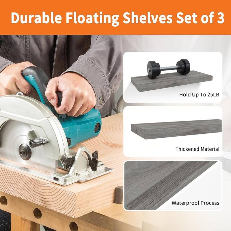 Floating Shelves for Wall Set of 3, 16" Rustic Wood Wall Shelves - 6.7"D x 16"W x 1"H