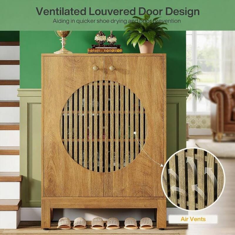 Natural 5-Tier Shoe Cabinet with Adjustable Shelves and Louver Doors for Entryway Storage - 28.74”L x 13.78”W x 39.76”H