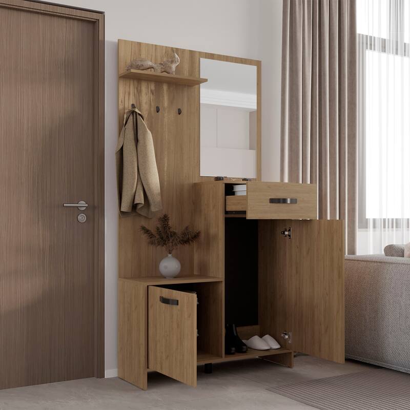 Elegant Hall Tree with 2 Doors, 1 Drawer, 1 Shelf, and Mirror - Practical Storage Solution for Entryways and Hallways