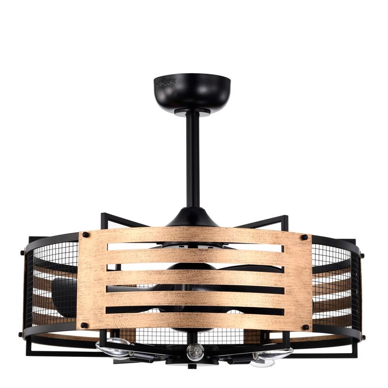 Brixton 26-in. Matte Black Metal and Wood-grain Lighted Fandelier w/ Remote