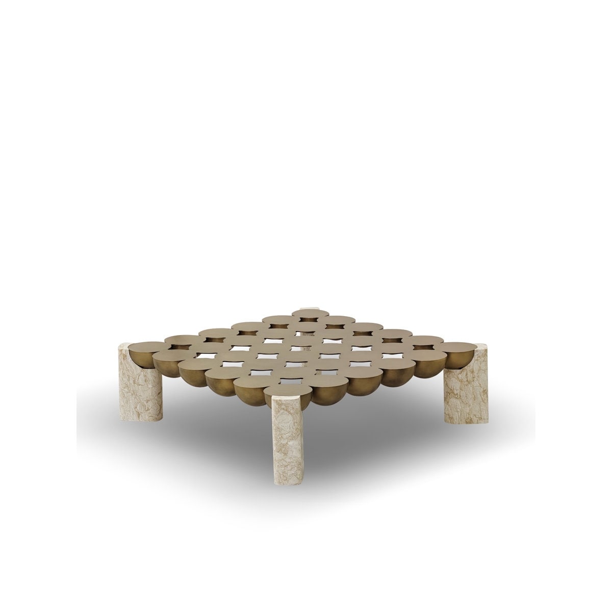 Square Floating Gold Marble Coffee Table with Antique Brass Metal Base