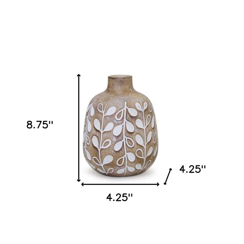 HomeRoots Set of three 9" Polyresin Brown and White Leaf Round Table Vase - 4.25