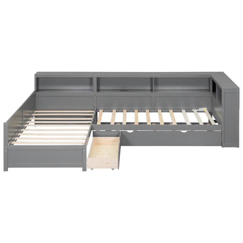 L-Shaped Twin Platform Bed with Trundle, Storage Drawer & Charging Station, Grey