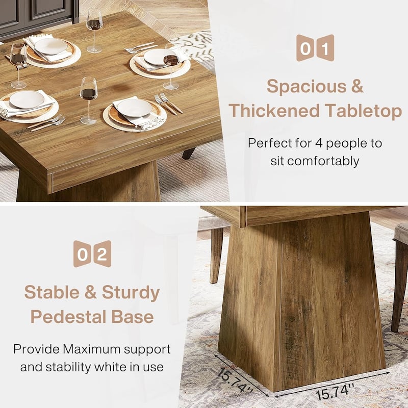 Rustic Farmhouse Square Dining Table 32 Inch Brown Wood Grain for 4 People with Heavy Duty Pedestal Base