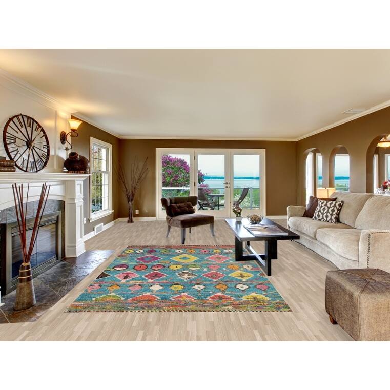 Hand Knotted Oriental 100% Wool Carpet Modern Tribal Navy Blue & Blues Moroccan Area Rug - 9' 8'' X 6' 2''