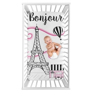 Paris Collection Girl Photo Op Fitted Crib Sheet - Hot Pink, Black and White Eiffel Tower Striped Hot Air Balloon
