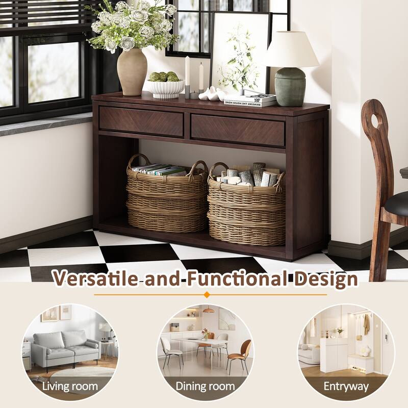 55" Rustic Wooden Entryway Console Table with Storage Drawers & Open Shelf