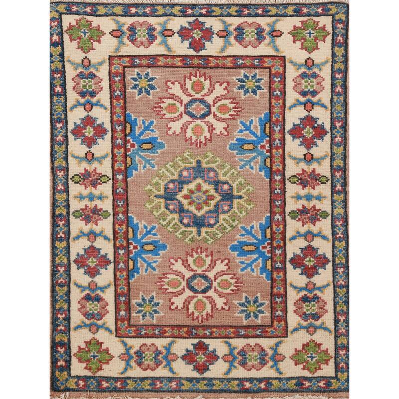 Geometric Kazak Accent Foyer Rug Hand-Knotted Wool Carpet - 2'0"x 3'0"