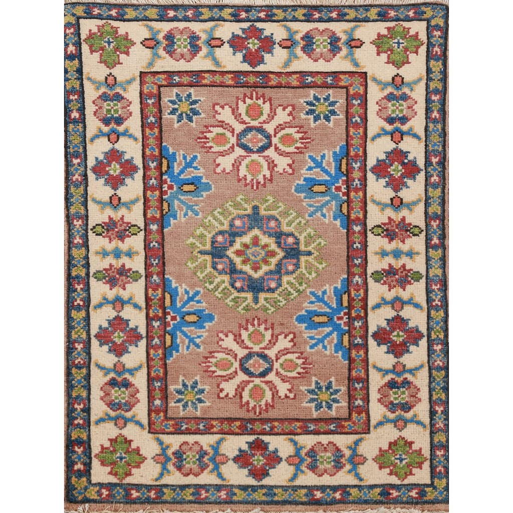 Geometric Kazak Accent Foyer Rug Hand-Knotted Wool Carpet - 2'0"x 3'0"