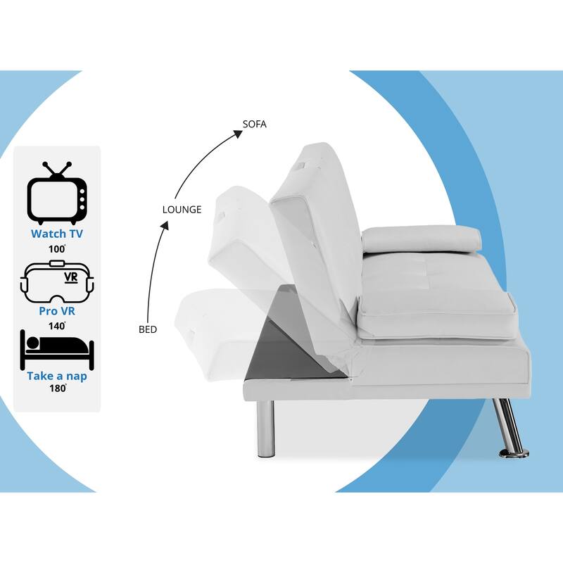 Futon Sofa Bed Couch with Armrest & Cupholders, Faux Leather Sofa Bed Couch Convertible Folding Reclining Small Couch