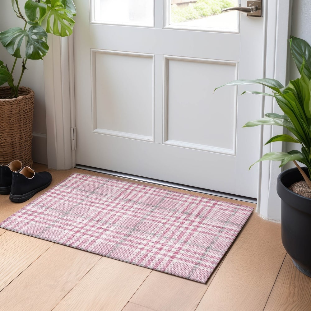 Machine Washable Indoor/ Outdoor Plaid Chantille Rug