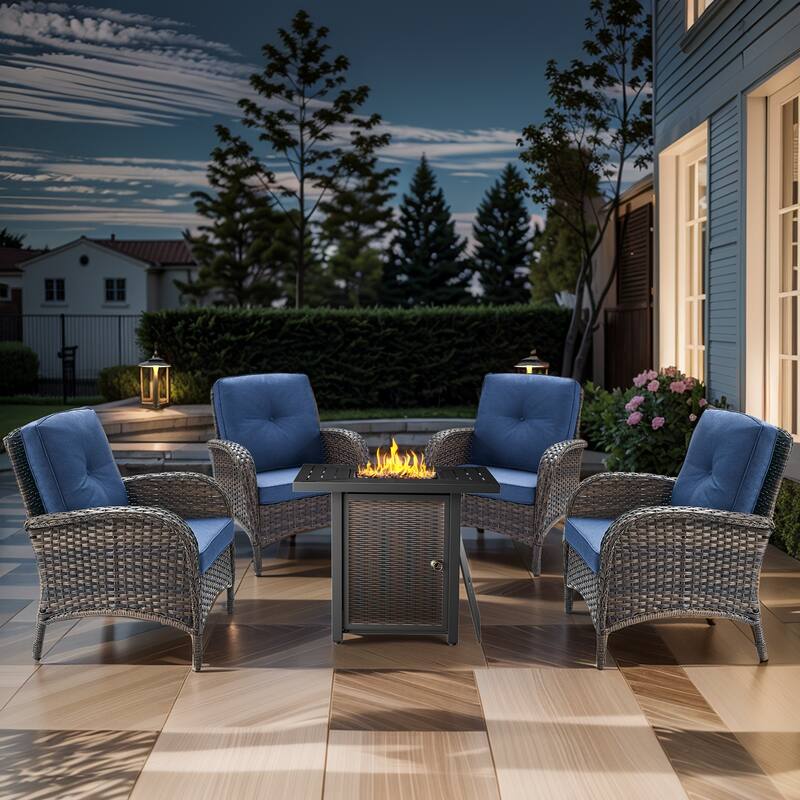 Outdoor Chairs with Fire Pit Table Set - Brwon Wicker Blue Cushion - 5PCS Patio Chair w/ Fire Table