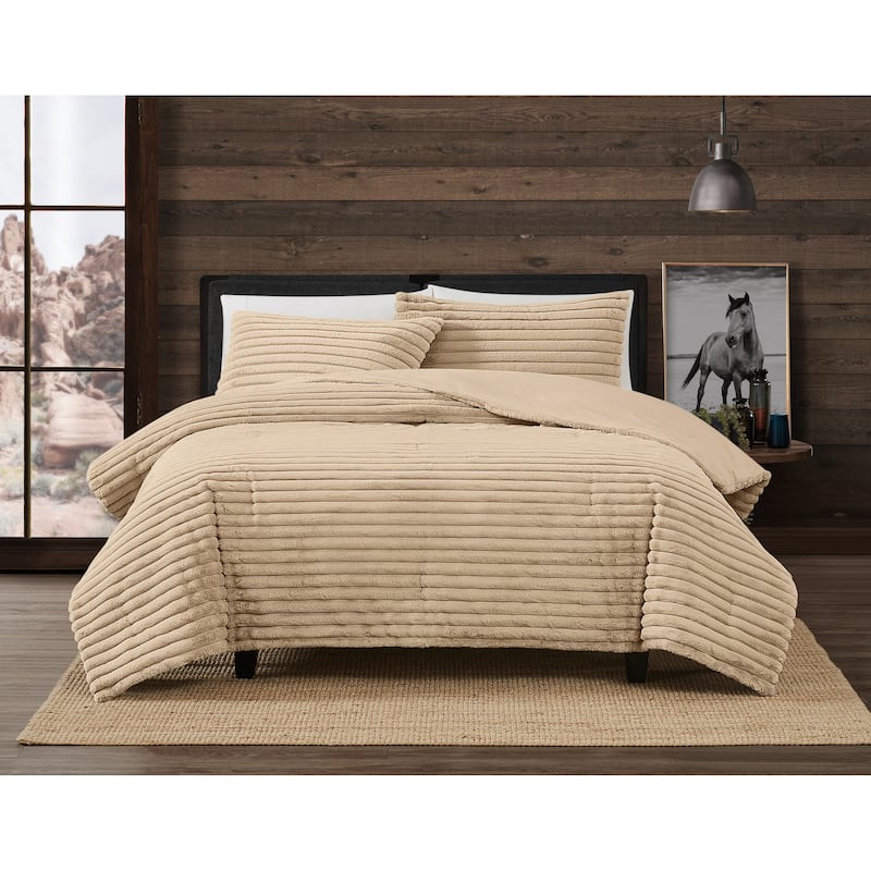 Frye Channel Faux Fur 3 Piece Comforter Set - Full - Queen - Tan