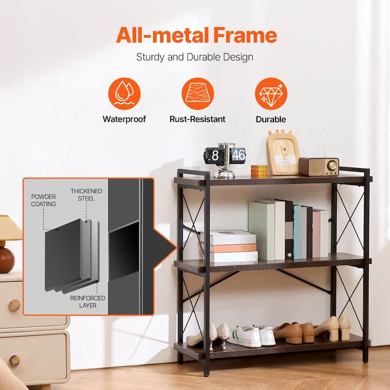 3-Tier Rustic Bookshelf with Metal Frame and Open Storage Area Suitable for Any Room - 35.43"L x 11.81"W x 35.83"H