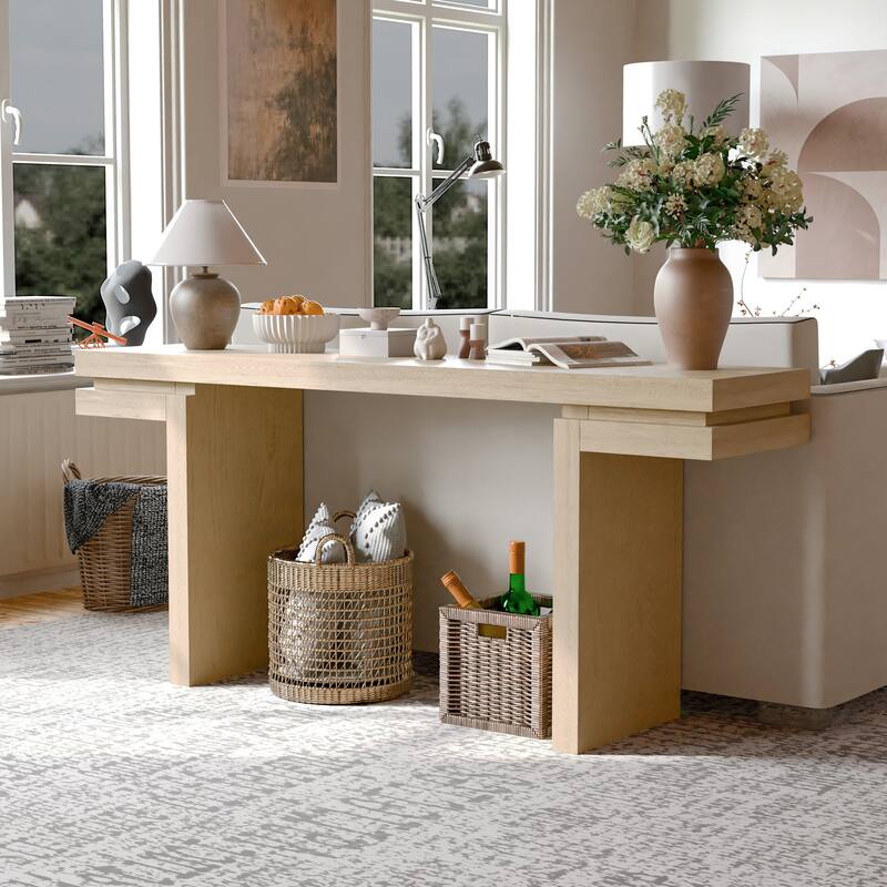66 Inch Extra Wide Console Table - Minimalist with Real Wood Veneer, Distressed Oak