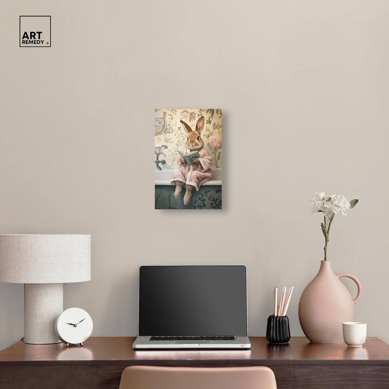 Bunny Bibliophile Bathing Canvas by Art Remedy, Gallery Wrapped