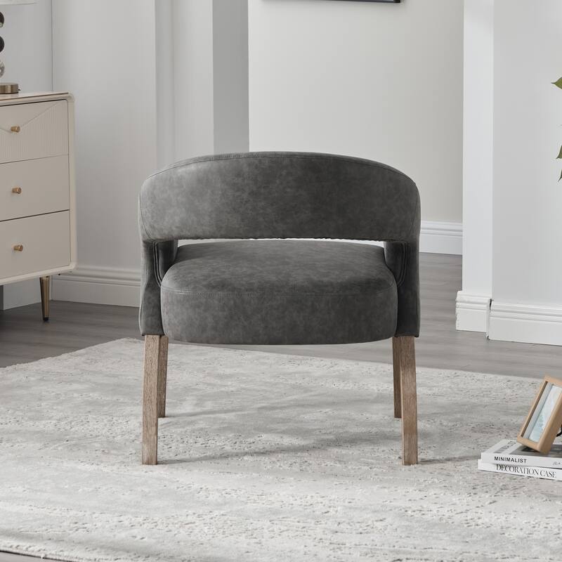 Modern Upholstered PU Open Back Accent Armchair Barrel Dining Chair with Weathered Rubberwood Legs, Hollow-Out Side Club Chair