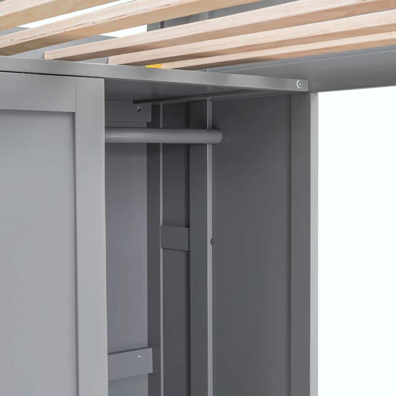 Wood Twin Size Loft Bed with Storage Shelves and Wardrobe