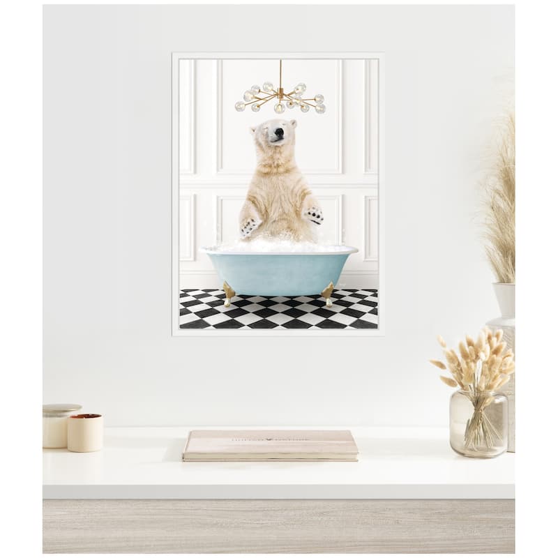 Kate and Laurel Sylvie Polar Bear in Blue Bathtub on Checker Floor Framed Canvas by Amy Peterson