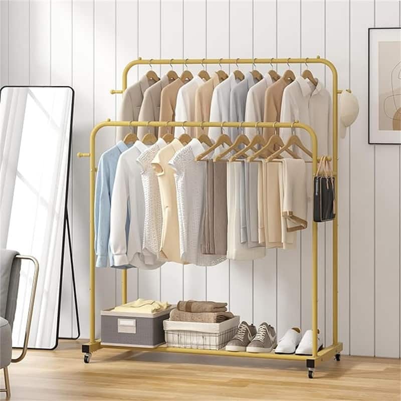 Double Rods Garment Rack with Wheels - 16.73"D x 39.76"W x 66.55"H