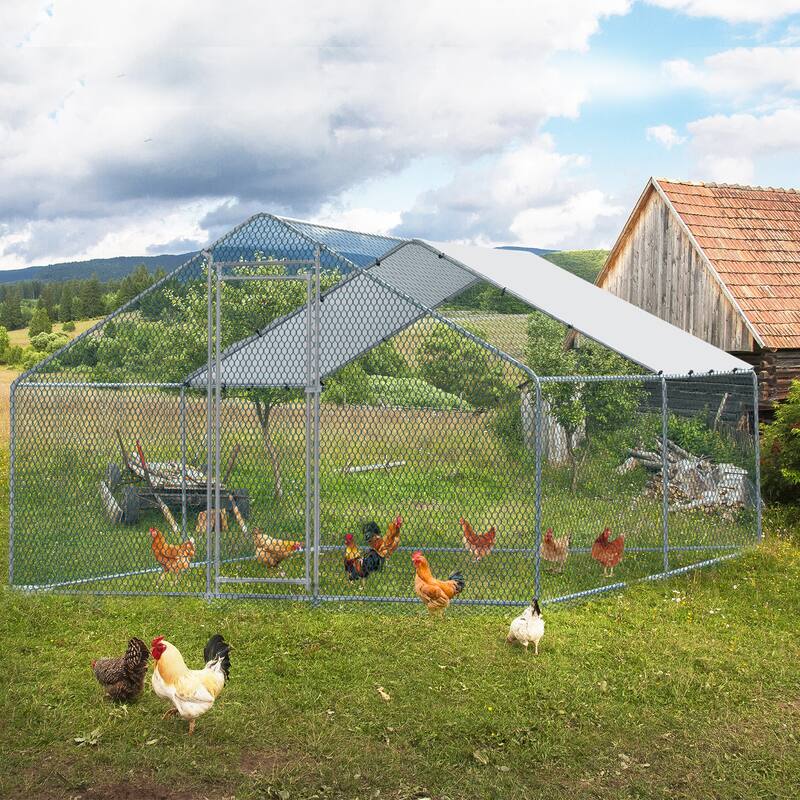 13x10 ft Metal Chicken Coop with Walk-In Run and Waterproof Cover