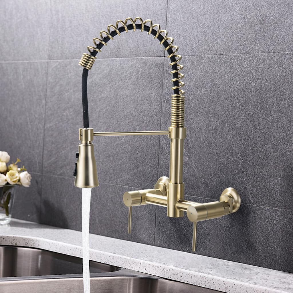 Double-Handle Wall Mounted Pull Down Kitchen Faucet