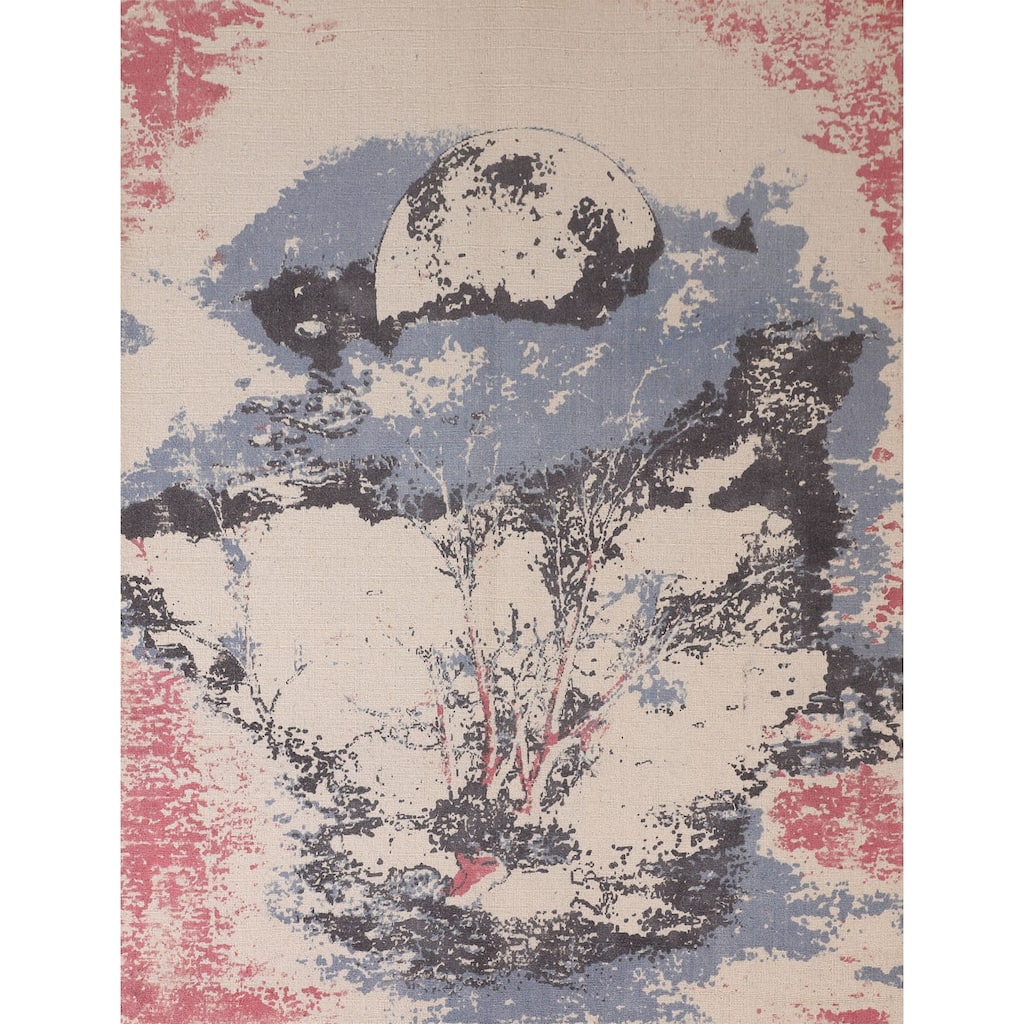 Nature Print Ivory Abstract Modern Area Rug Handmade Wool Carpet - 5'3" x 6'7"