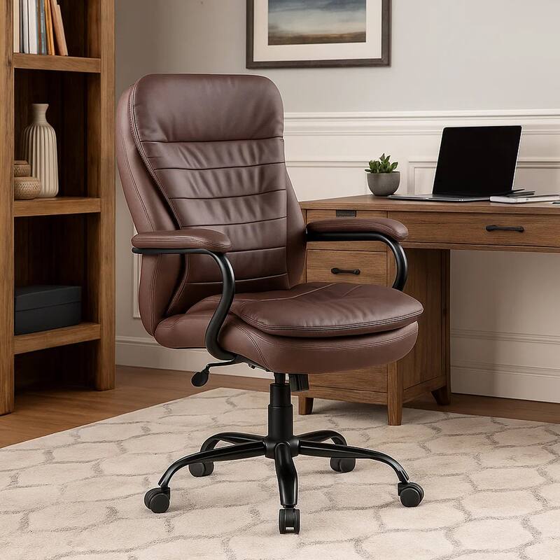Ava Rolling Oversized Office Chair, Swivel, Brown Faux Leather, 400lbs