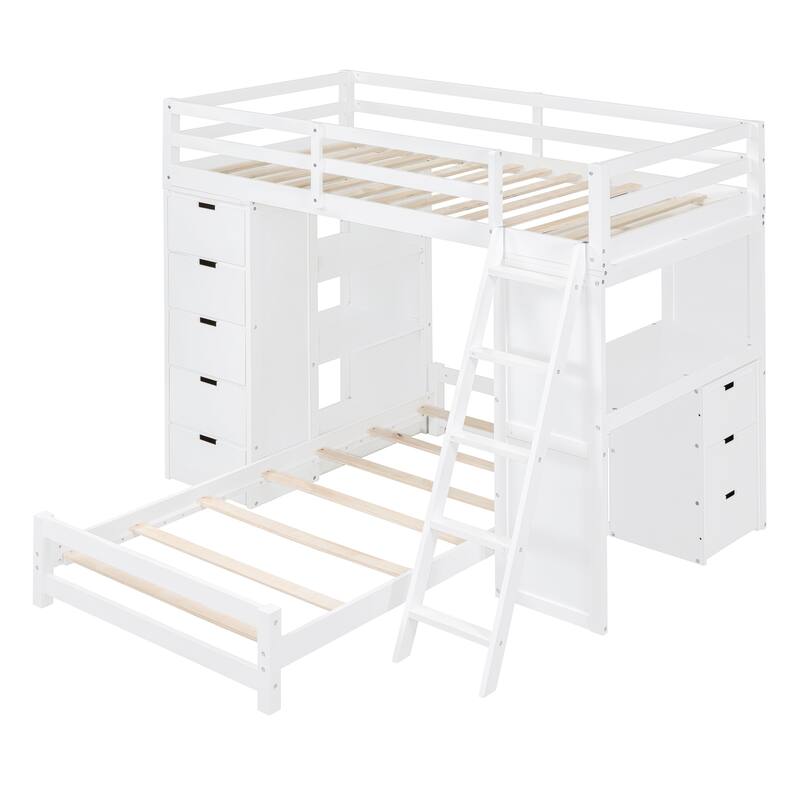 Twin Over Twin Solid Pine Bunk Bed with Drawers, Shelves, Desk with LED & USB Ports