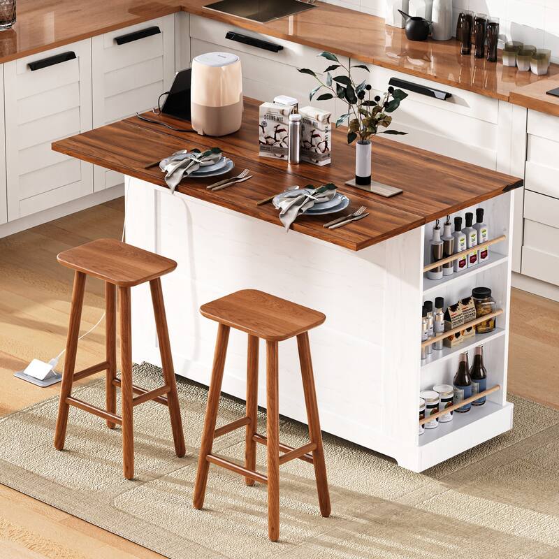 Kitchen Island with Two Tempered Glass Cabinet Doors and Power Outlet, Rolling Storage Cabinet with Drop Leaf, Open Side Racks