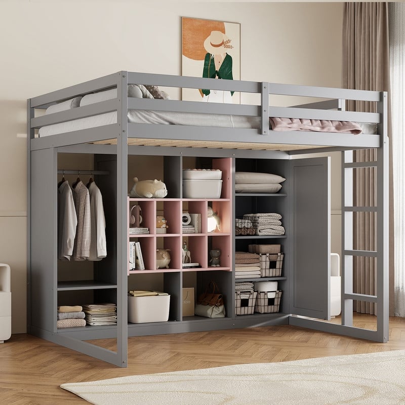 Full Size Wood Loft Bed with Wardrobe, Shelves and Cabinet - Grey