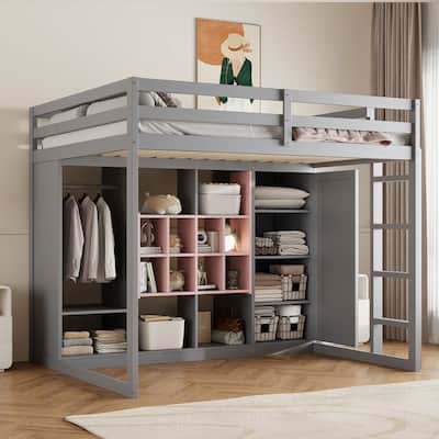 Full Size Wood Loft Bed with Wardrobe, Shelves and Cabinet