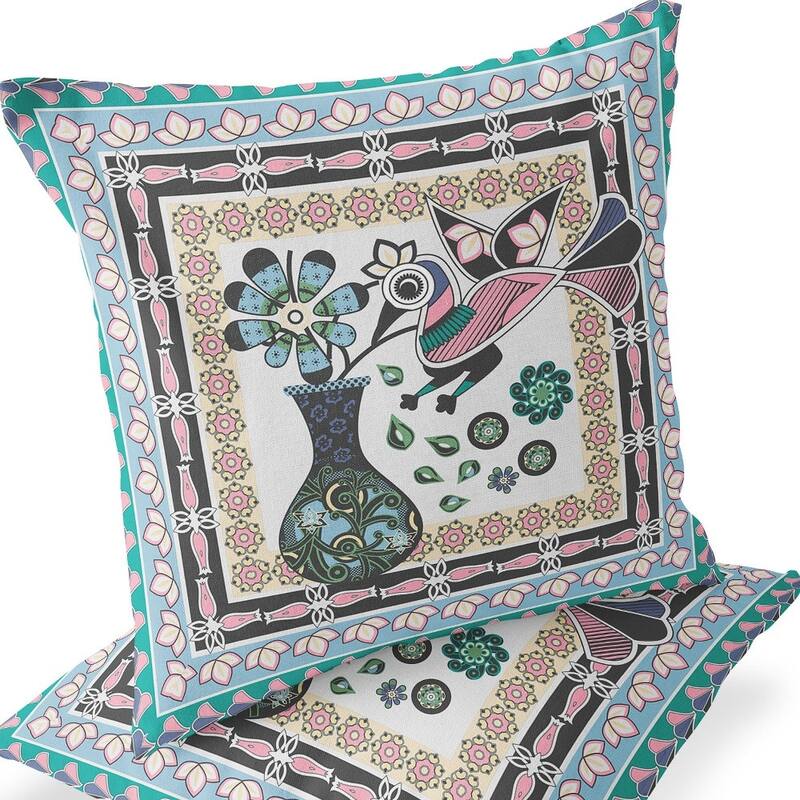 HomeRoots Set of Two 16" X 16" Black and Gray Peacock Blown Seam Floral Indoor Outdoor Throw Pillow - 16.00' X '16.00' X '5.00