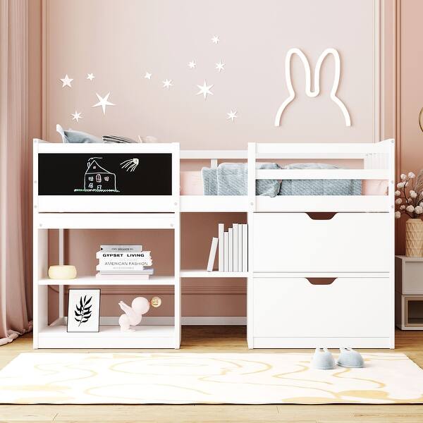 slide 2 of 48, Twin Size Low Loft Bed with Rolling Desk, Shelves, and Drawers - Space Saving Design White