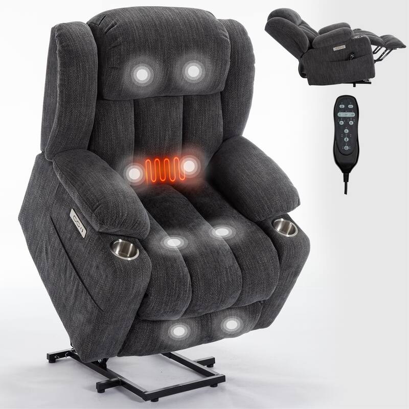 Roomfitters Heavy Duty Power Lift Recliner, Chenille Massage Chair with USB-C Charging and Stainless Cup Holders